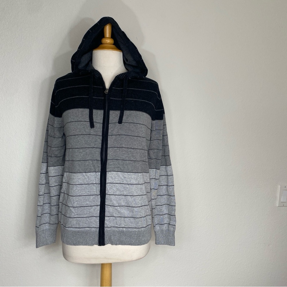 Retrofit Mens Black Gray Ombre Stripe 100% Cotton Hooded Zip Sweater Size Medium